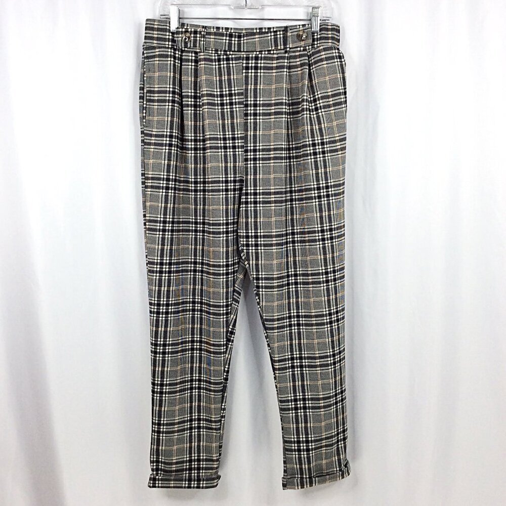 Lark + Grey Plaid Pants Womens Size XL Black White Stretch Knit‎ Pull On Cuffed